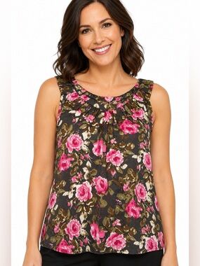 LOFT Pink Rose Floral Sleeveless Ruffle Neck Blouse Women’s XL